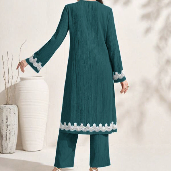 Ladies' Decal Slit Hem Top, Loose Casual Pants, Solid Color Pants Set