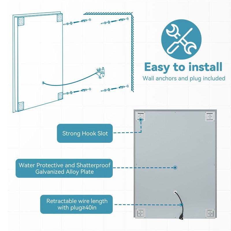 LED Bathroom Mirror Bright Front Side Light, 5 Mins Defog, Full HD Reflected, 3 Colors Dimmable, Wall Mounted