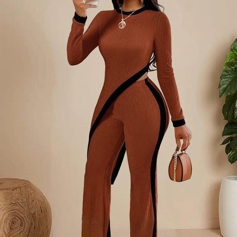 Women's  Elegant Round-neck Two-piece Long-sleeved Pants With Decorative Edges For Spring & Fall