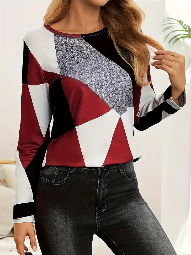 Autumn And Winter New Fashion Color-block Print Long Sleeve Crew Neck T-shirt