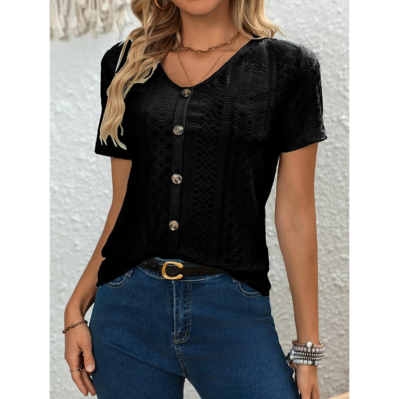 Women's V Neck Short Sleeve Eyelet Tops Summer Casual Loose Fit Button T Shirts