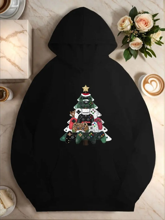 Plus Size Casual Hooded Sweatshirts, Geometric Christmas Tree Pattern, With Gaming Controllers, Fall Winter Pocket Detail, For Women
