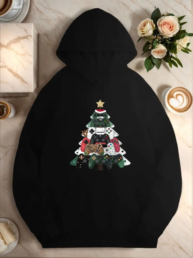 Plus Size Casual Hooded Sweatshirts, Geometric Christmas Tree Pattern, With Gaming Controllers, Fall Winter Pocket Detail, For Women