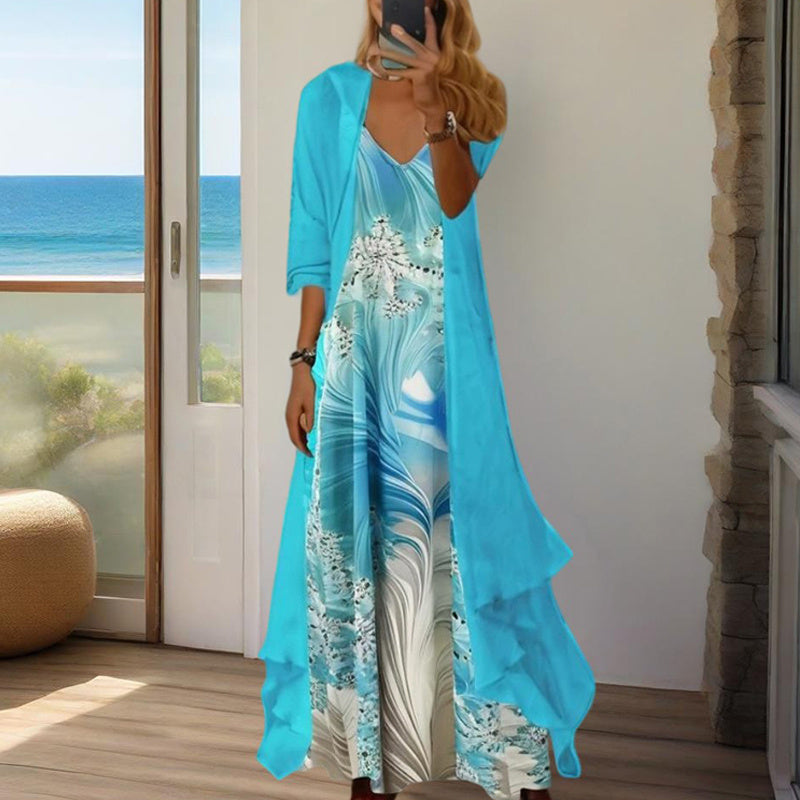 Women's Long Sleeve V-Neck Print Loose Two-Piece Dress Casual Elegant Spring&Autumn Outfit