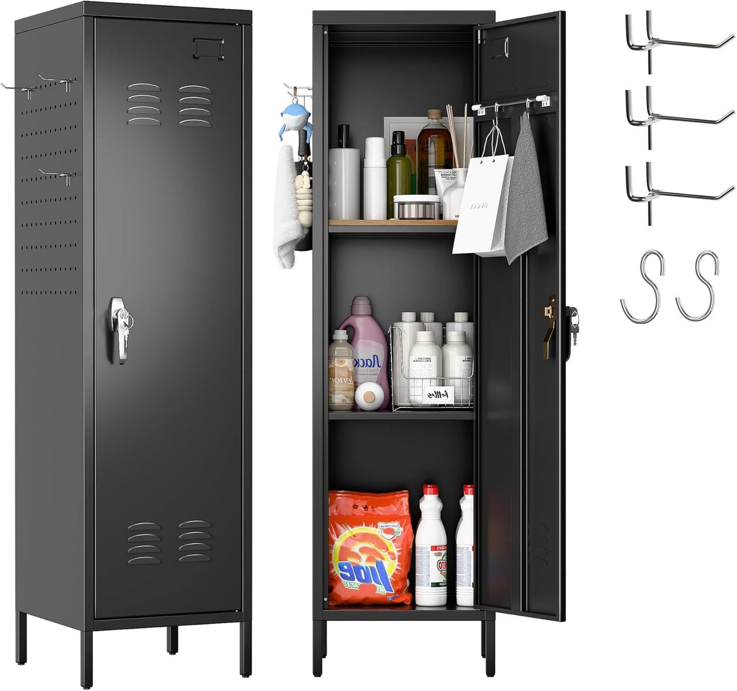 Metal Lockers For Employees With Handle,Metal Storage Locker With 2 Pegboard & 5 Hooks For Gym, School, Office,Home,Garage,Black