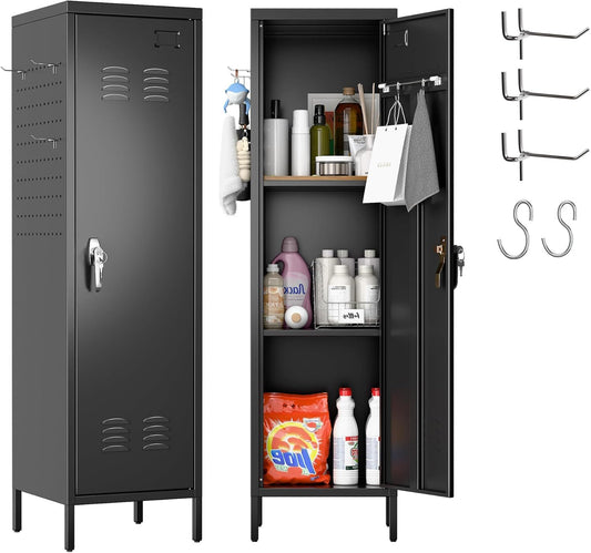 Metal Lockers For Employees With Handle,Metal Storage Locker With 2 Pegboard & 5 Hooks For Gym, School, Office,Home,Garage,Black