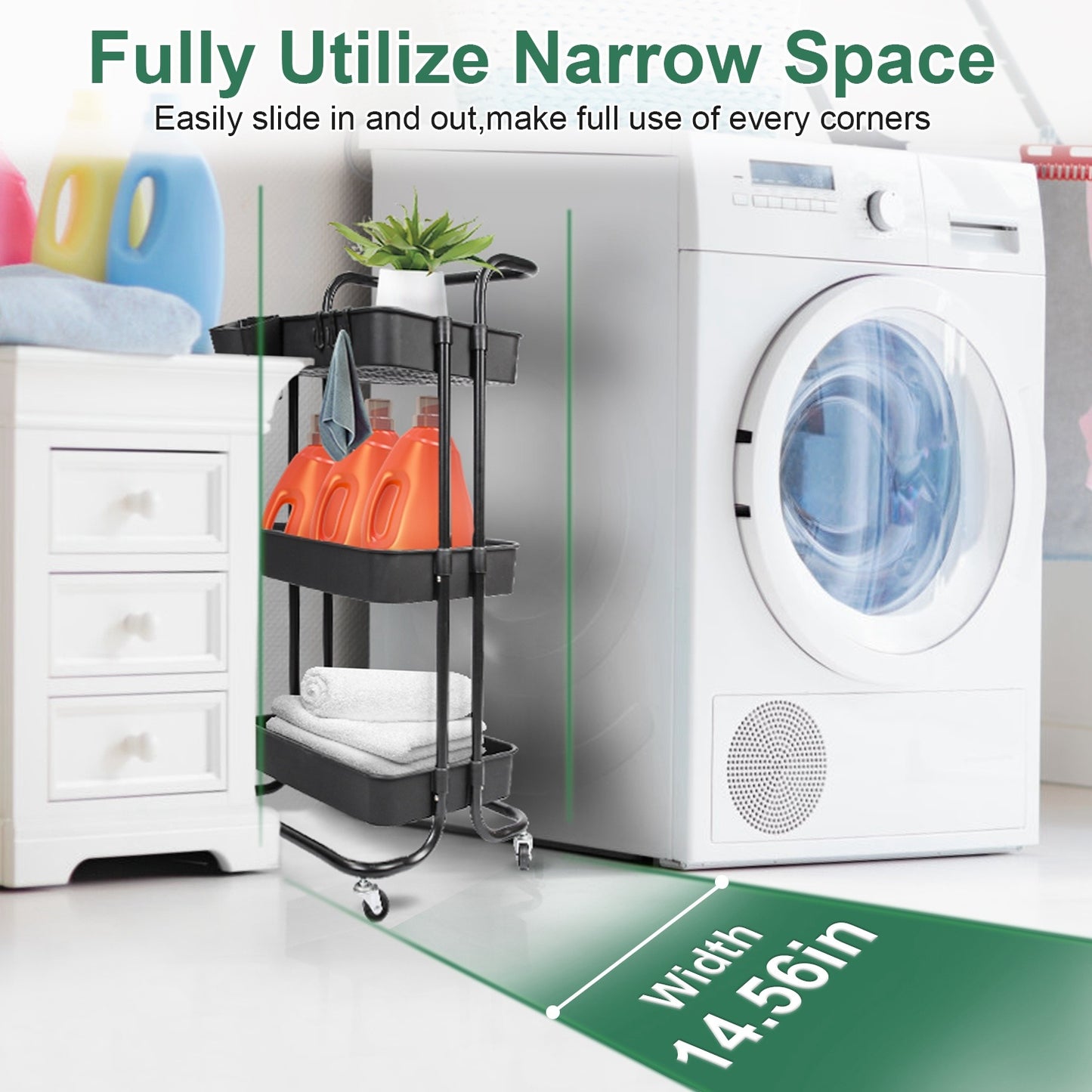 Black-White Color Options 1Pc 3 Tier Rolling Utility Cart Movable Storage Organizer With Mesh Baskets Lockable Wheels 360 Degree Rotatable Hanging Box Hooks Bedroom Bathroom Kitchen