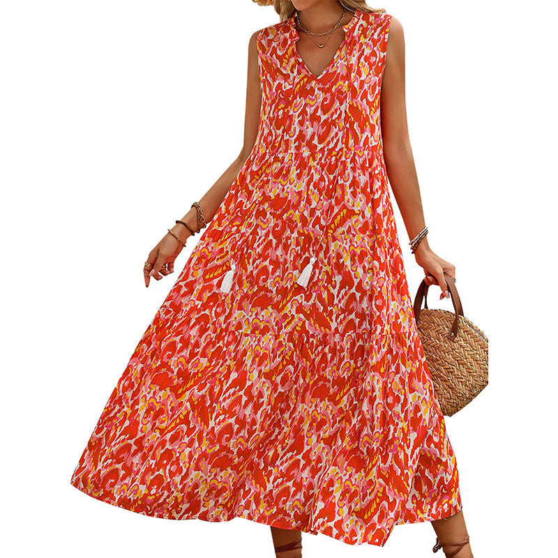 Women's Bohemian Sleeveless Tassel Tie-Dye Maxi Dress Spring Summer Casual Sundress