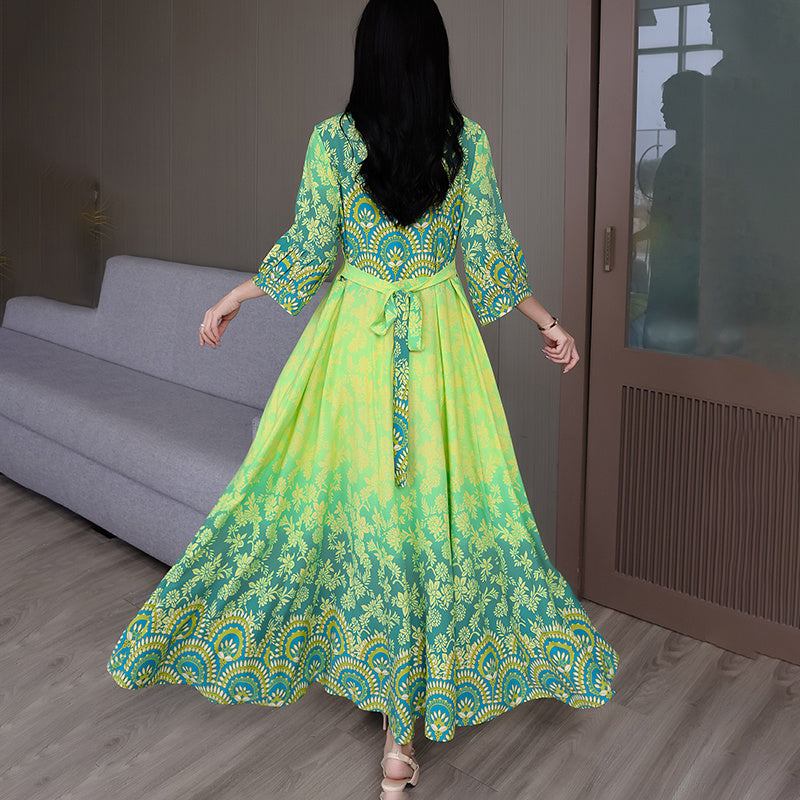 Women's Vibrant Bohemian Embroidered Maxi Dress Retro Ethnic A-Line Swing Dress With Belt