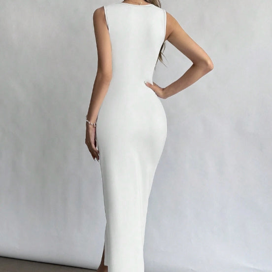 Women's New Fashionable Commuting Solid Color Sleeveless Generous Collar Slit Slim Fit Sexy Dress