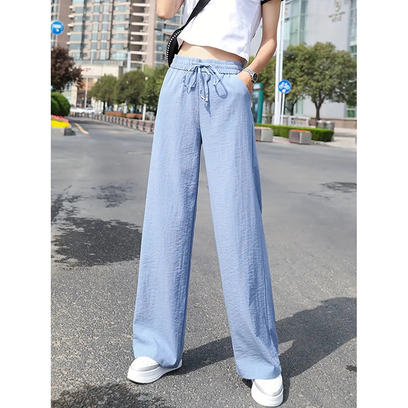 Women's Casual Pants Drawstring Elastic Waist Pants Flowy Wide Leg Trousers With Pockets