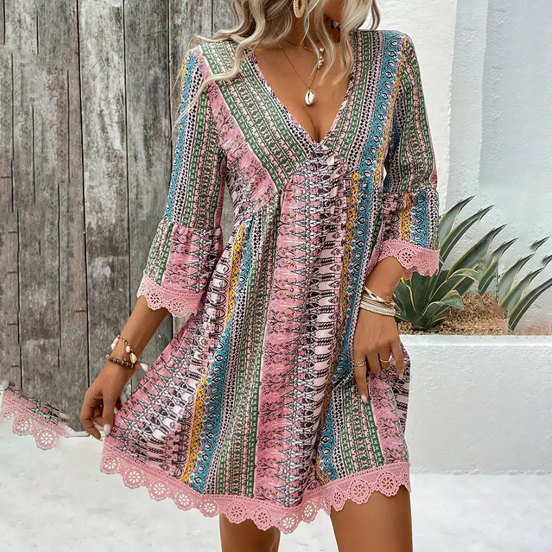 Women's V-Neck Print Dress - Lace Trim Summer Sundress, Casual Boho Chic Style