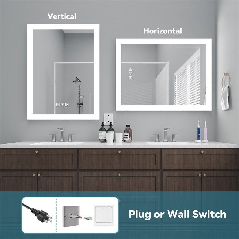 LED Bathroom Mirror Bright Front Side Light, 5 Mins Defog, Full HD Reflected, 3 Colors Dimmable, Wall Mounted