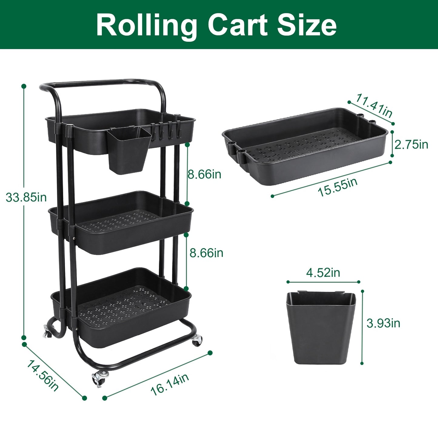 Black-White Color Options 1Pc 3 Tier Rolling Utility Cart Movable Storage Organizer With Mesh Baskets Lockable Wheels 360 Degree Rotatable Hanging Box Hooks Bedroom Bathroom Kitchen
