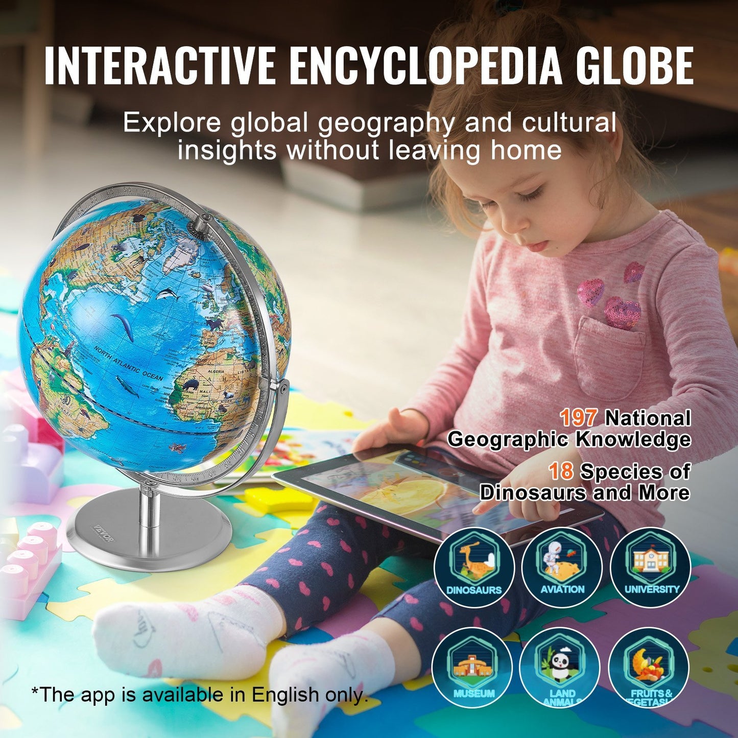 VEVOR Educational Globe For Kids, Interactive AR World Globe With AR Golden Globe APP LED Night Lighting , STEM Toy Gifts For Kids Compatible With Android Or IOS Devices
