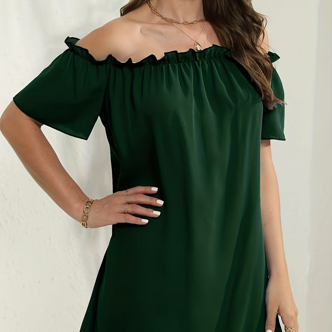 Women's Solid Color Off Shoulder Pleated Decorative Dress, One Shoulder Casual Dress