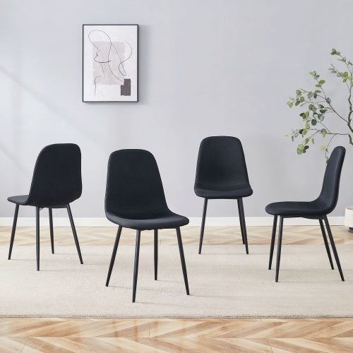 Luxury Simple Chair - Set Of 4 BLACK Linen-Cotton Material High Resilience Dining Chair With Metal Black Leg.Integral Metal Leg Architecture,Suitable For Various Interior Decoration Styles.