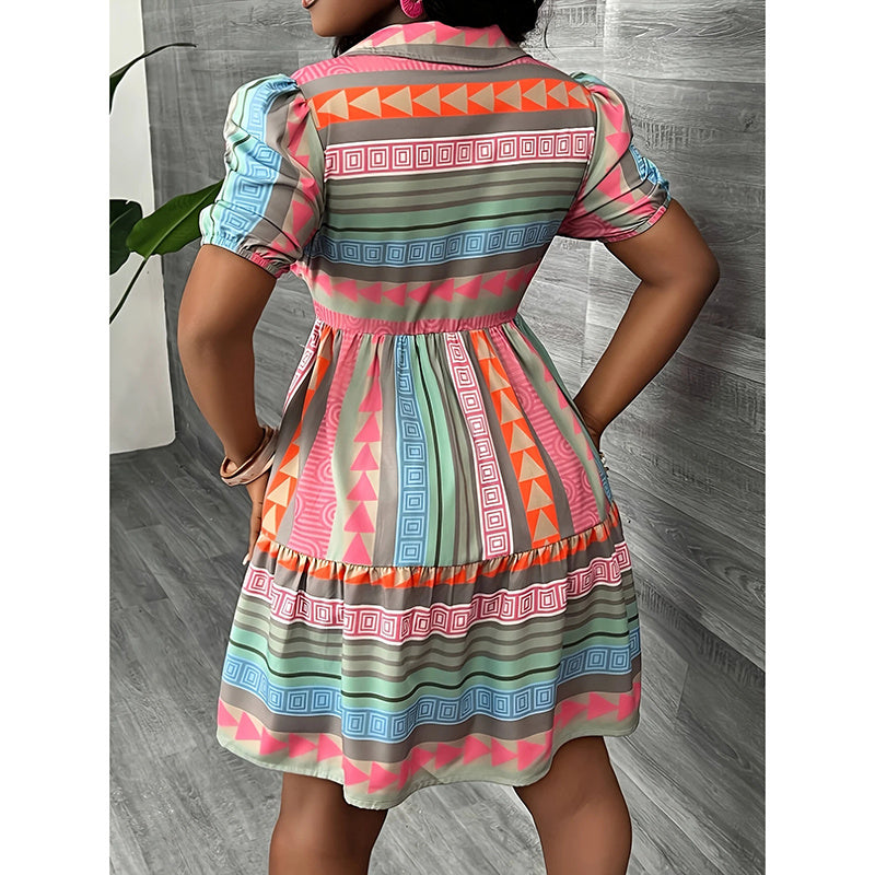 Women's Printed Collar Button Down Dress - Puff Short Sleeve Mini Shirt Dress