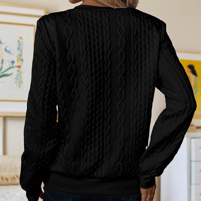 Women's Elegant Solid Color Textured Long Sleeve Sweatshirt With Zipper & Button - Casual Pullover