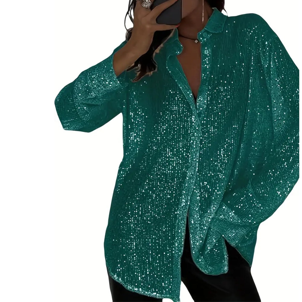 Elegant Women's Sequin Shirt - Stylish Long Sleeve Button-Up Blouse With Glitter Details, Perfect For Party & Casual To Formal Wear