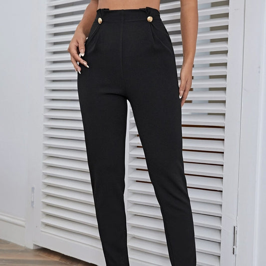 Women's Solid Color Tight Pants With Buttons And Pleated Details At The Waist, Versatile Casual Pants