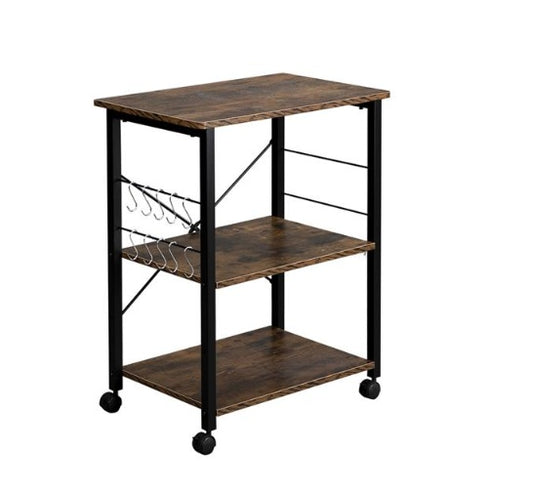 3-story Kitchen Black Iron Frame Microwave Rack 10 Hooks 4 Wheels Vintage Color