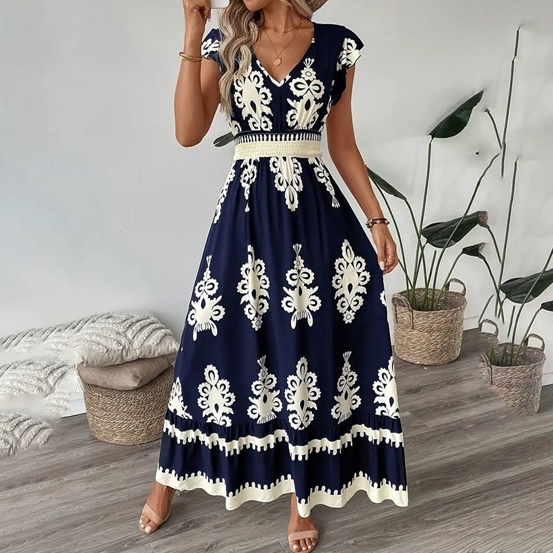 Women's Summer Flowy Maxi Dress Casual Cap Sleeve V Neck Smocked Waist Beach Sundress