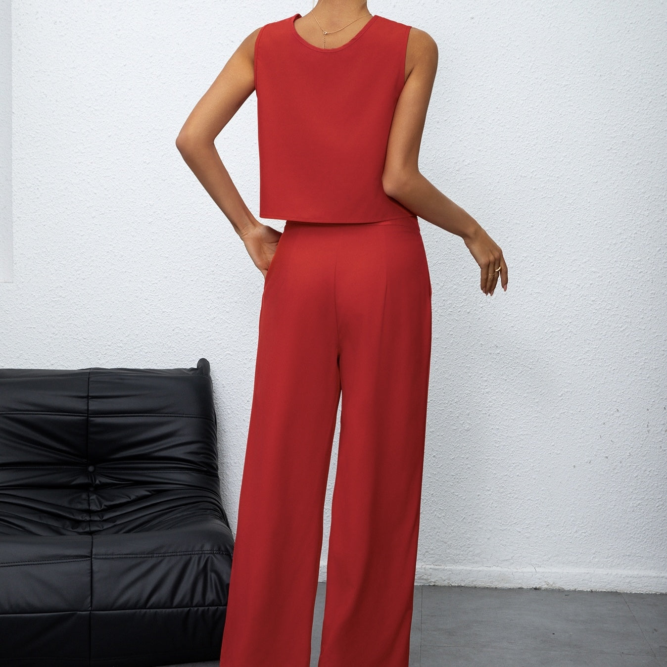 Women's Solid Color Sleeveless Top Vest And Loose Wide Leg Pants With Pockets And Straight Leg Pants Set