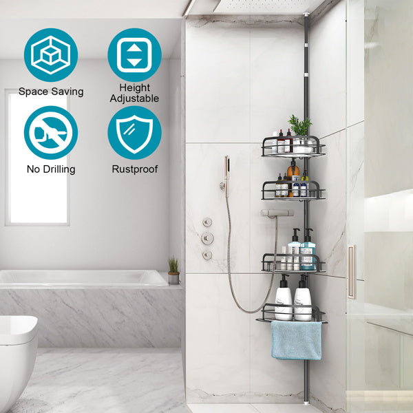 Corner Shower Caddy Tension Pole, Quick Setup, Rust-Free Bathroom Shower Organizer Corner For Bathtub Shampoo Storage, 4-Tier Adjustable Shelf, Drill Free, Fits 8.66 To 116 Inch Height, Black
