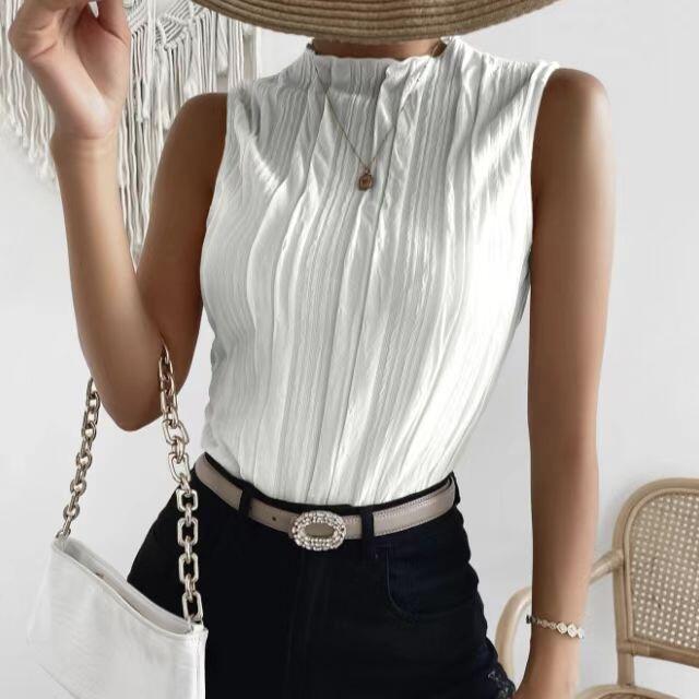 Ladies' Fashionable Versatile Solid Color Pleated Fabric Pleated Collar Detail Off Shoulder Slim Fit Vest Top