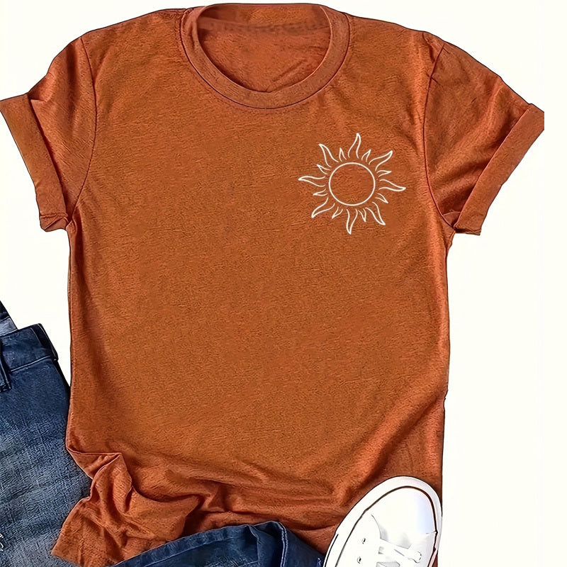 Women's Sun Print Crew Neck T-Shirt, Casual Short Sleeve Top For Spring & Summer