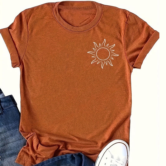 Women's Sun Print Crew Neck T-Shirt, Casual Short Sleeve Top For Spring & Summer