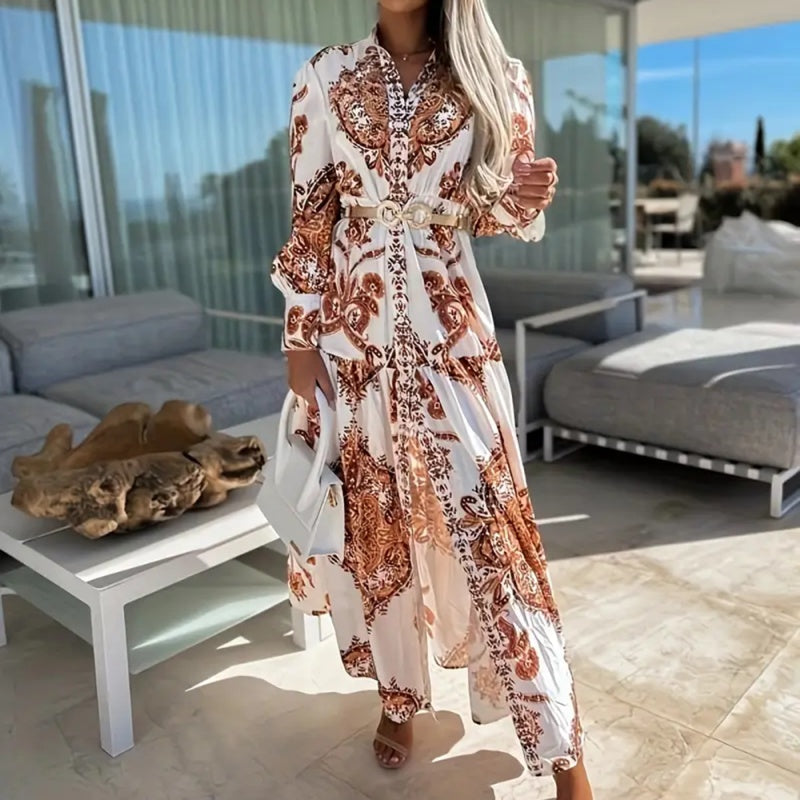 Women's Bohemian Flowy Maxi Dress - Charming V-Neck With Bell Sleeves, Bold Printed Pattern, Side Slit Design