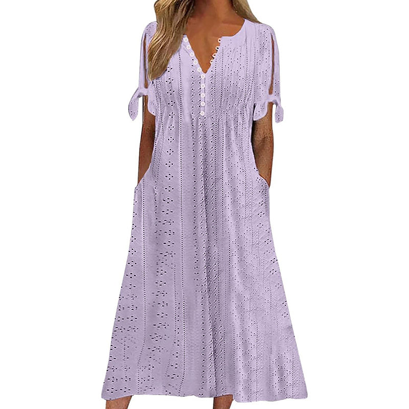 Women's Eyelet V-Neck Maxi Dress Short Sleeve Flowy A-Line Summer Beach Dress