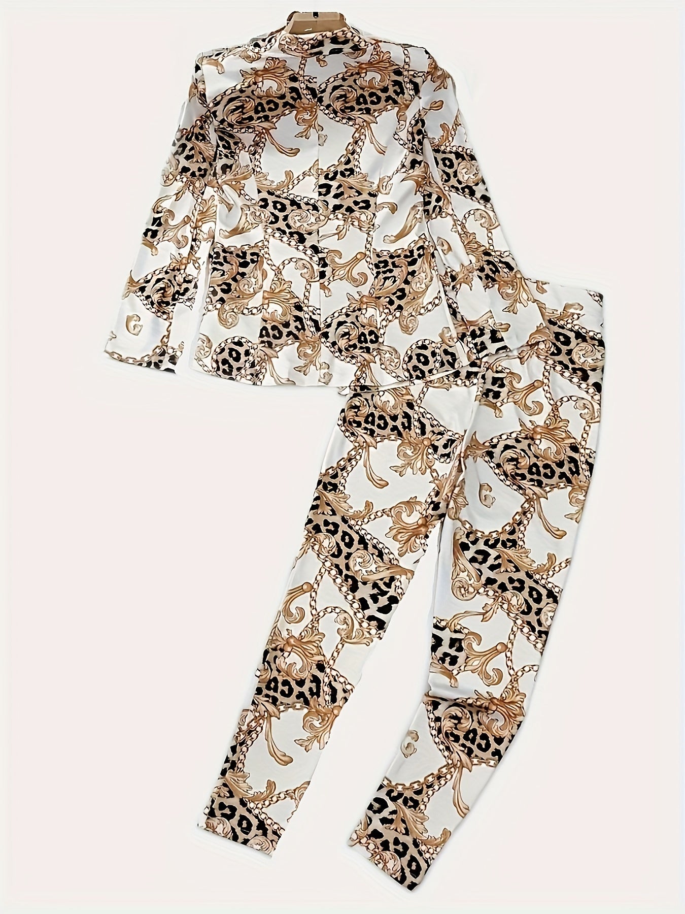 Two Piece Lapel Blazer Set Geometric Print Micro Elastic Fake Buttons Casual Fabric Outfit For Spring Fall  Polyester Womens Clothing Amazon Does Not Sell