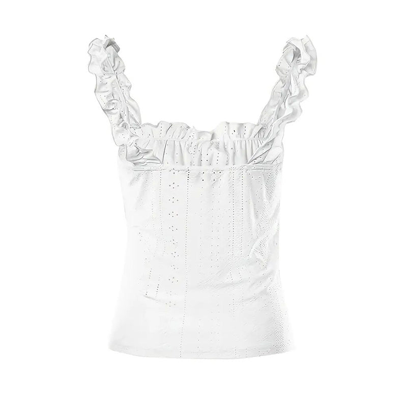 Womens Cute Sleeveless Tank Tops Frill Trim Strap Tie Knot Square Neck Eyelet Blouse