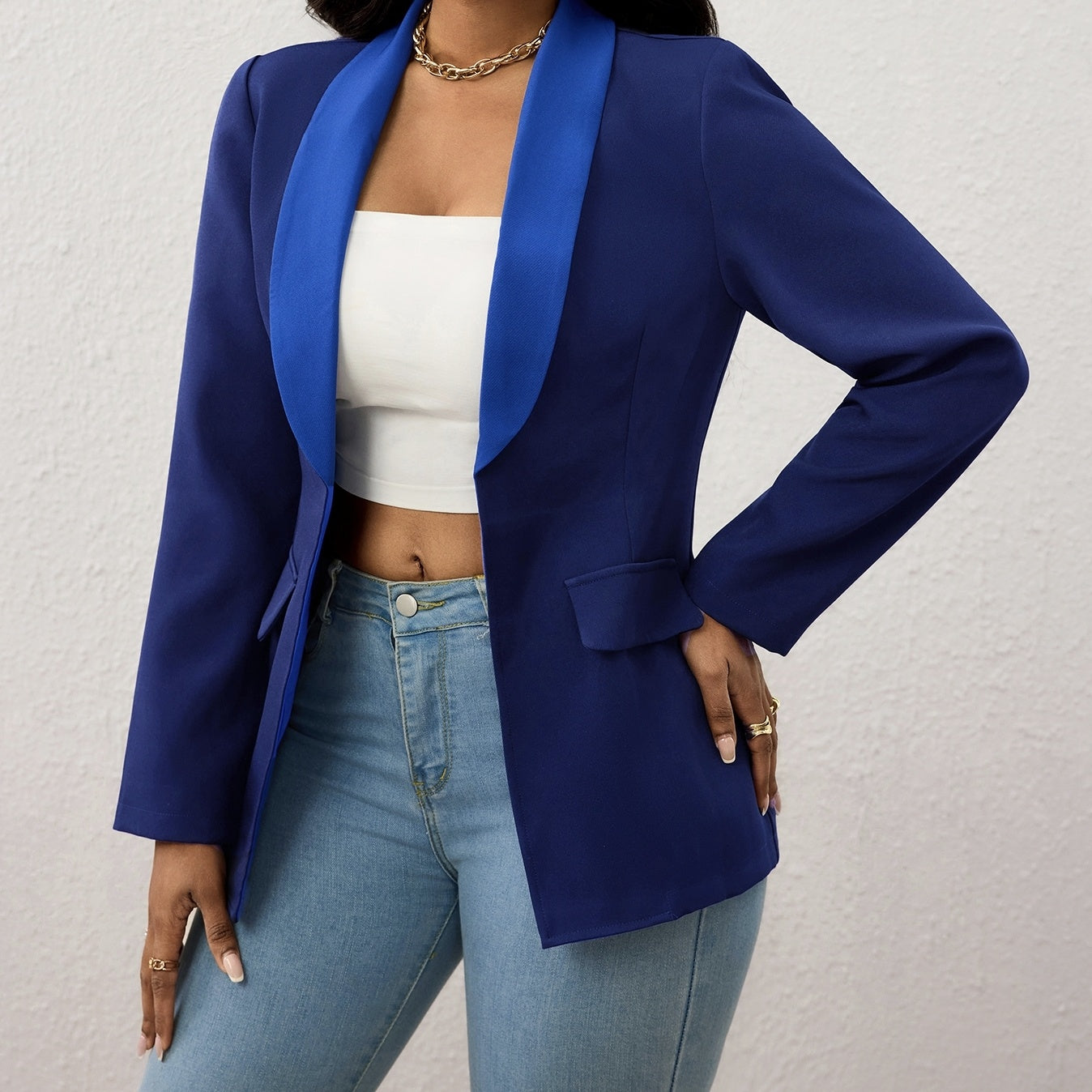 Ladies' Fashionable And Elegant Temperament Versatile Color Block Splicing Lapel Suit Long Sleeved Jacket Top