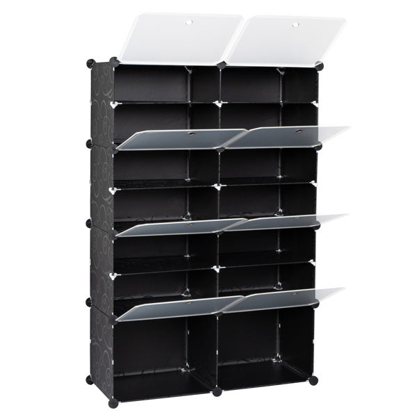 2 Rows, 7 Layers, 14 Compartments, Semi Transparent Doors, Black Patterned Cabinet Body