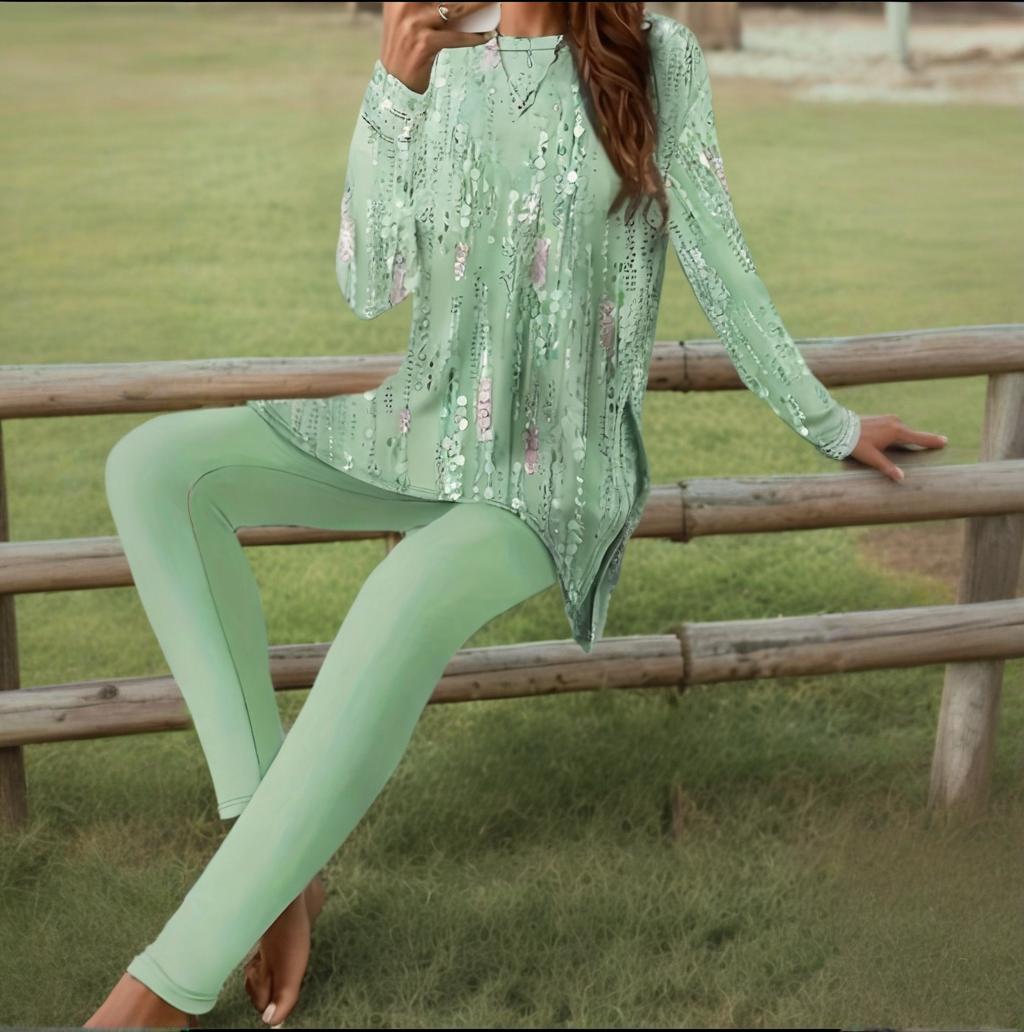 Women's Round Neck Printed Slit Long Sleeve Top & Long Pants Set - Casual Loungewear Outfit