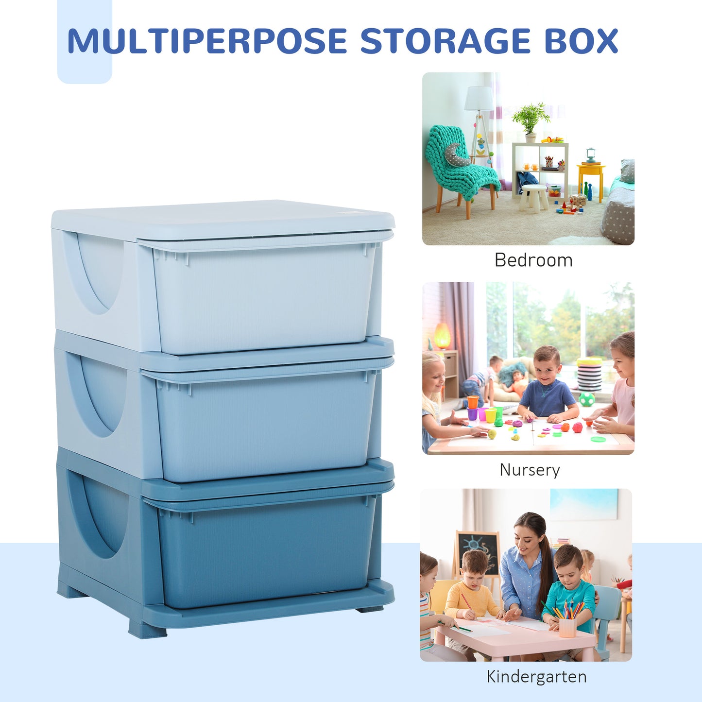 3 Tier Kids Toy Storage Organizer With Drawers, Blue, Chest For Bedroom, Kindergarten, Living Room, For Boys And Girls