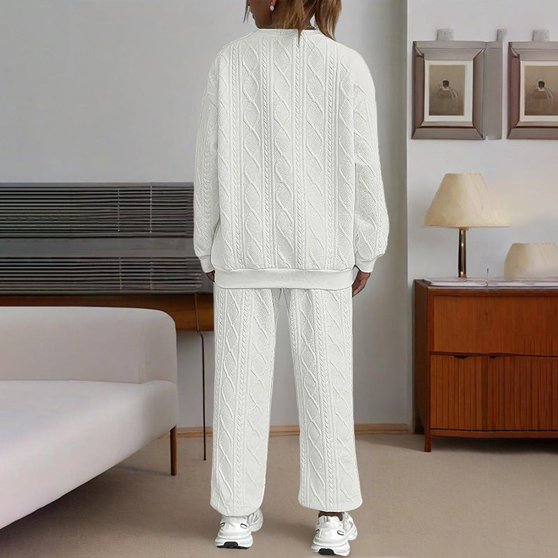 Women's Solid Color Long Sleeve Round Neck Top & Cuffed Pants Set - Ribbed Trim, Minimalist Casual Loungewear For Fall&Winter