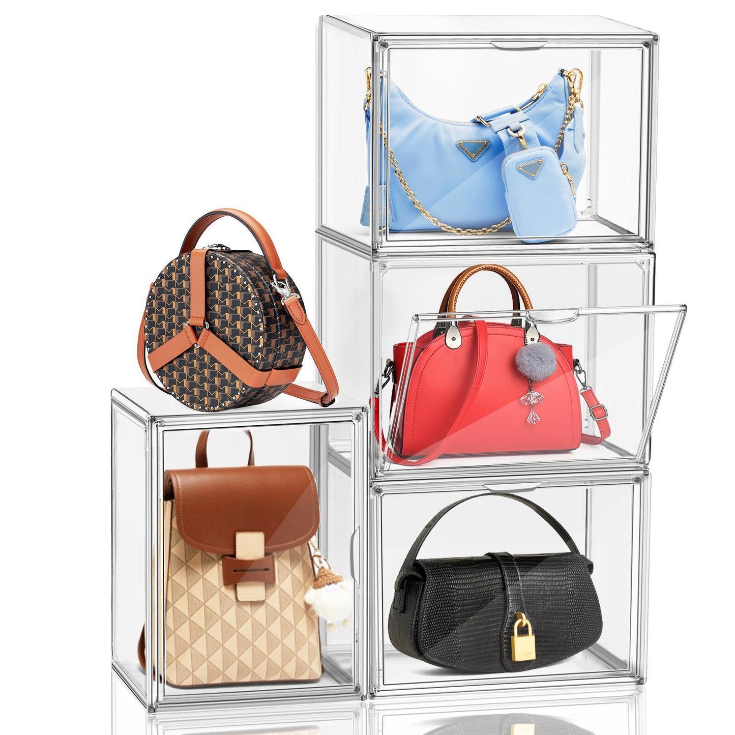 4 Oversized Acrylic Closet Purse Organizers With Lids Transparent Stackable Handbag Display And Shoe Box Storage