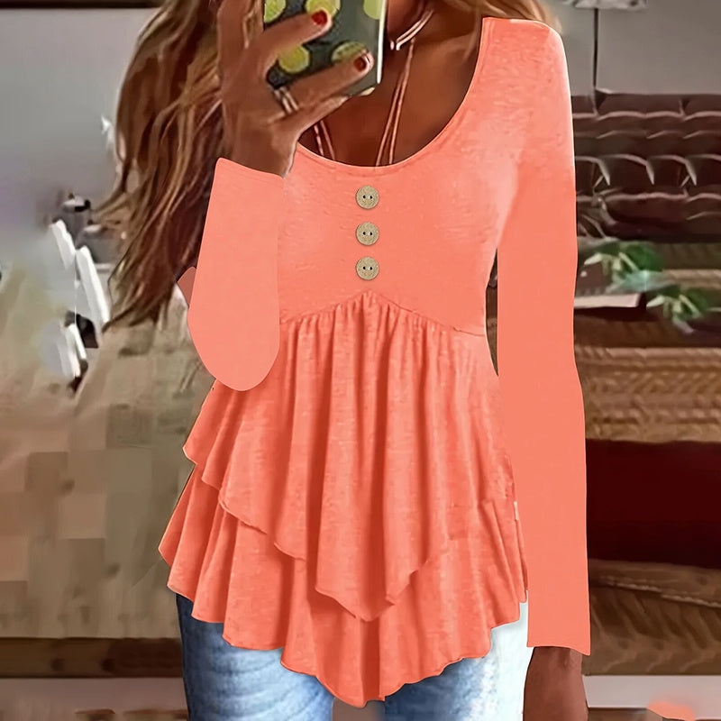Womens Casual Long Sleeve T-Shirt Solid Color Round Neck Layered Button Front Tunic Tops