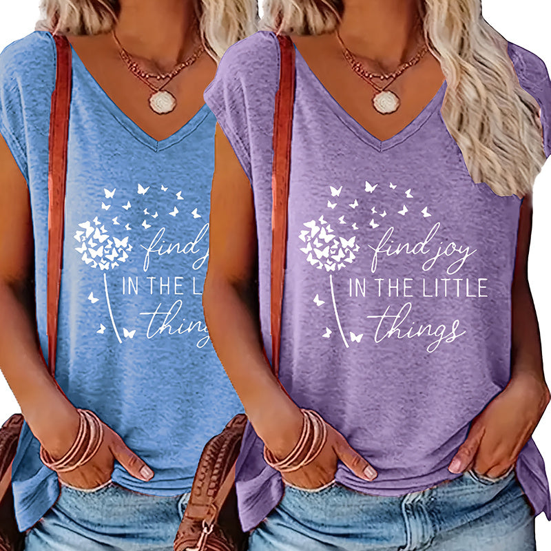 Women's 2-Piece Set V-Neck Short Sleeve T-Shirt With Sunflower & Letter Print, Casual Summer Tee