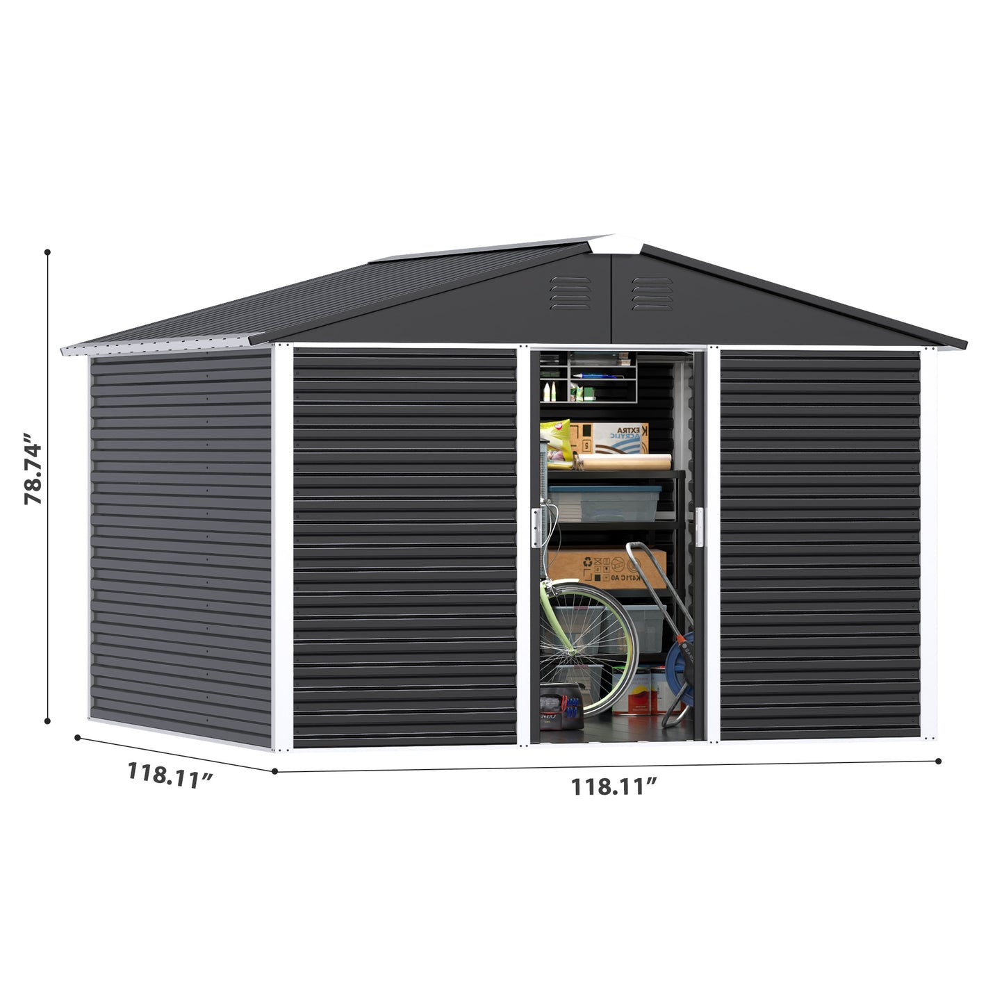 Large-sized Outdoor 10 Ft. W X 10 Ft. D Metal Shed With Sliding Door 60 Sq. Ft. For Garden Patio Lawn, Black