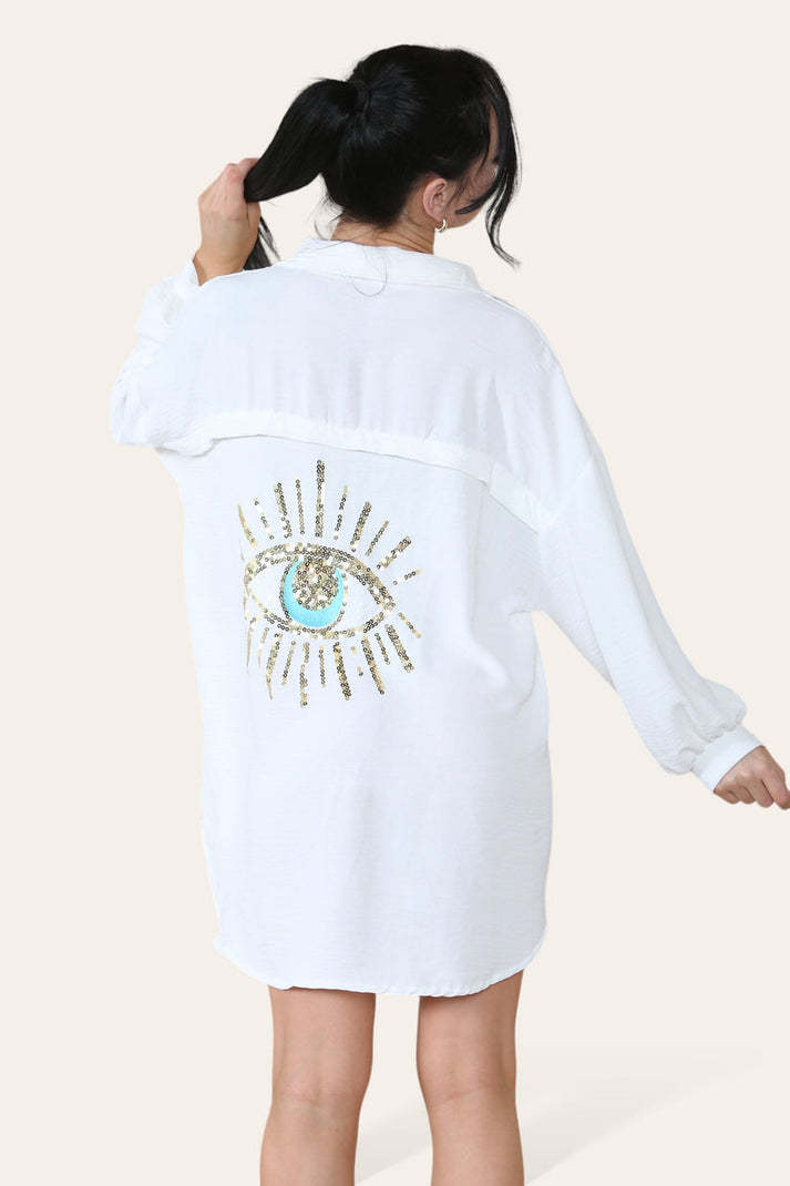 Oversized Long Sleeve Gold Sequin Eye Button Up Shirt