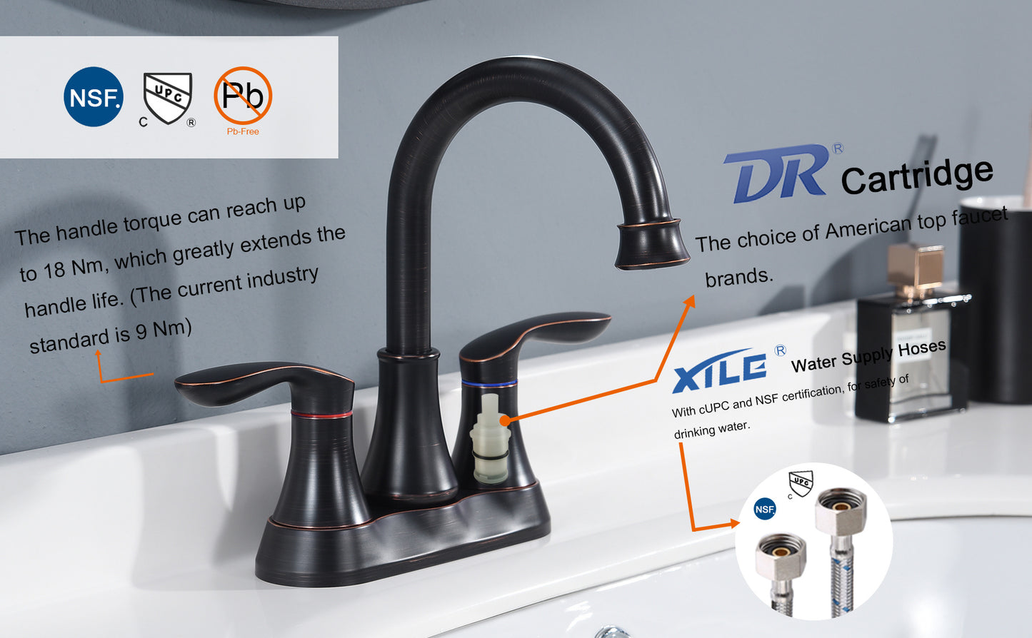 2-Handle 4-Inch Oil Rubbed Bronze Bathroom Faucet, Bathroom Vanity Sink Faucets With Pop-up Drain And Supply Hoses