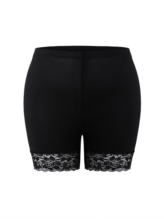 Plus Size Lace Edge Solid Color Tight High Elastic Bottoming Sports Ladies Shorts