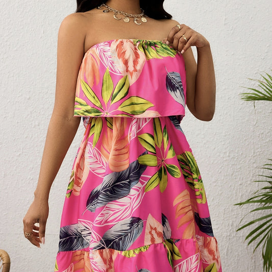 Ladies' New Fashionable Tropical Print Vacation Style Strapless Off Shoulder Skirt With Pleated Fungus Edge Design Dress
