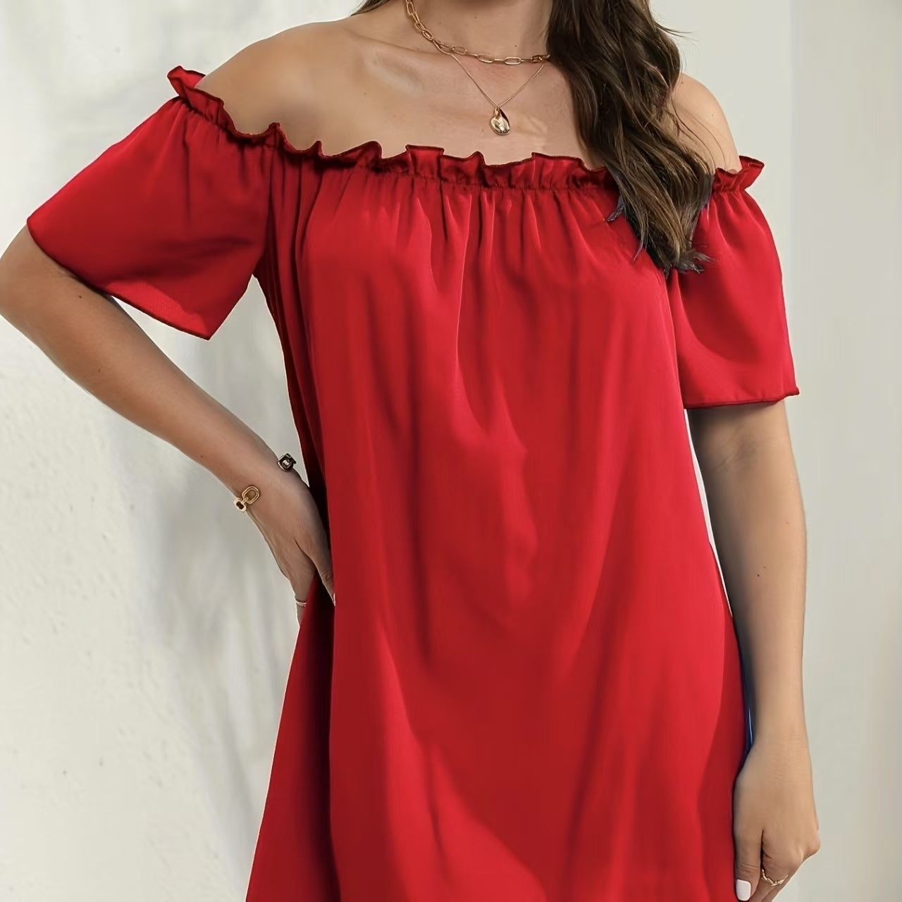 Ladies' Fashion Off Shoulder Ruffle Solid Color Decorative One Shoulder Casual Dress